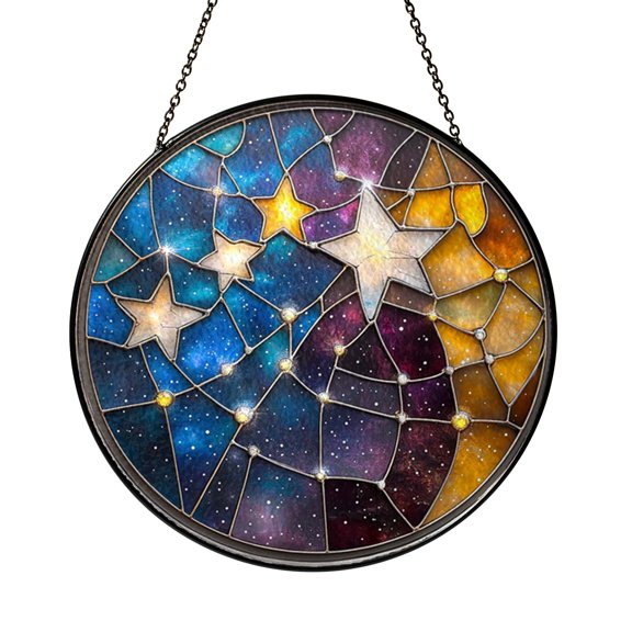 Decorative Compass Stained Glass Suncatcher Window Hanging, Celestial Star and Moon Glass Panel Art, Cosmic Navigation Window Decor, Vibrant Star Sun Catcher Ornament for Living Room Window