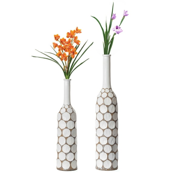Decorative Contemporary Floor Vase White Carved Divot Bubble Design with Tall Neck, Set of 2