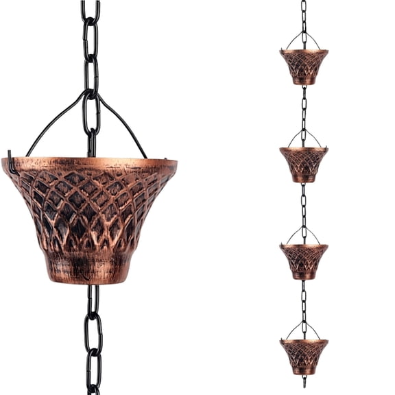 Decorative Copper Rain Chain 8.5FT  12 Cup Rain Catcher Chain for Gutters Outside, Rust-Proof Metal Rain Chains for Home, Beautiful Replacement for Traditional Downspout