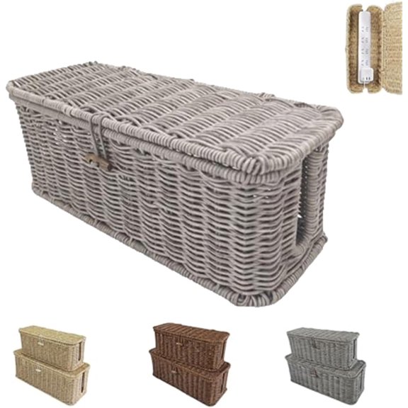 Decorative Cord Organizer for Power Strips & Chargers, Handwoven Rattan Cable Management Box, Ventilated Heat Resistant Wire Hider with Safety Lock for Home Office Desk TV Area