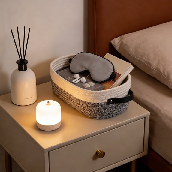 Decorative Cotton Rope Storage Basket - Oval Shape with Leather Handles, Sturdy Bathroom Toilet Tank Top Organizer, Practical Counter Table Storage Bin, Home Tidying Basket for Bathrooms, 1pc