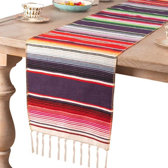 Decorative Cotton Table Runner with Fringe - 108 Inch Long Rainbow Striped Tablecloth for Holiday Dining, Kitchen Decor, Party Dinner Table Setting