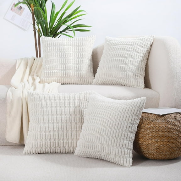 Decorative Cream Throw Pillow Covers 18x18 Set of 4 Farmhouse Rustic Boho Home Decor Soft Plush Striped Corduroy Square Cushion Case for Living Room Couch Bed Sofa