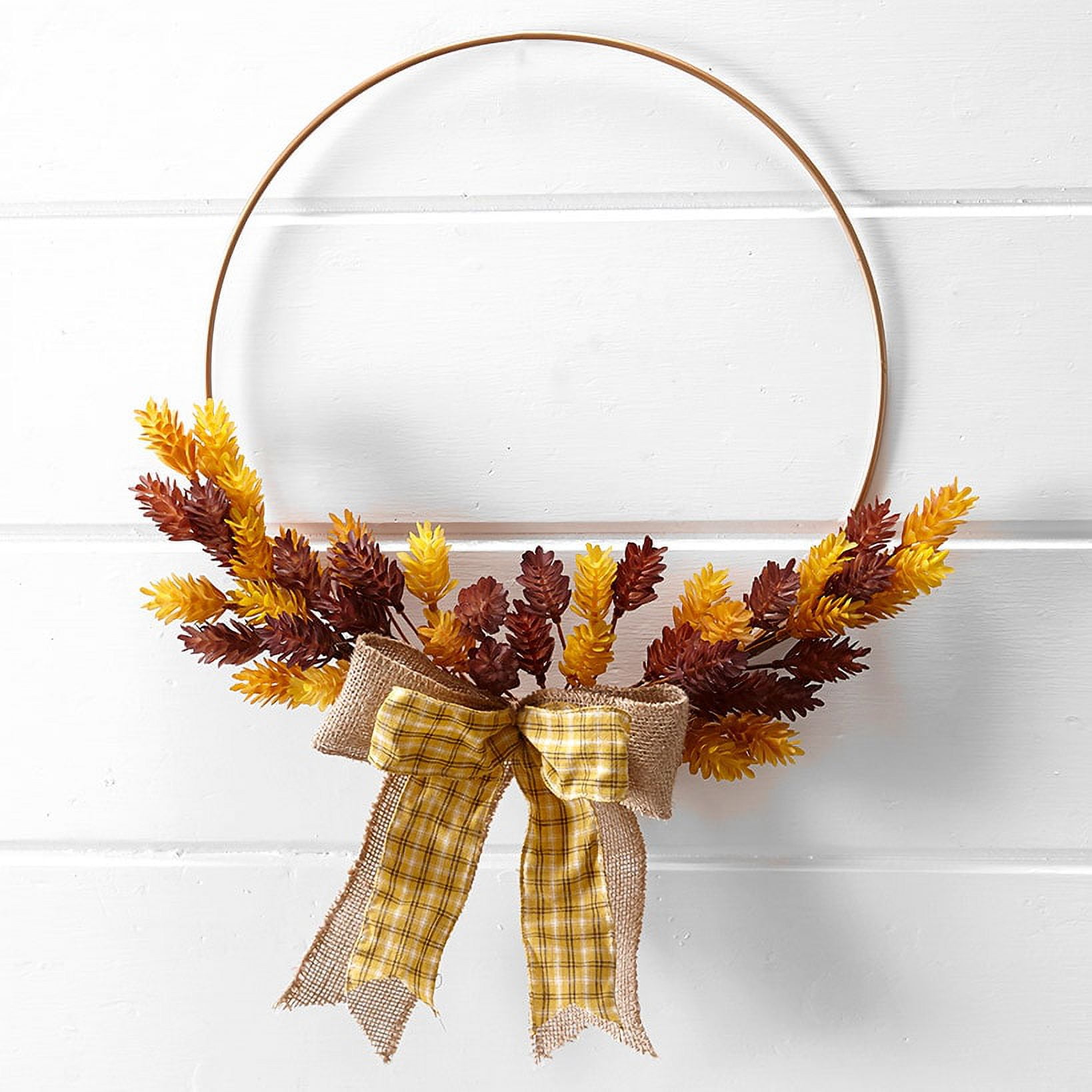 Cream and Gold Fall Harvest Floral Wreath with Plaid Bow