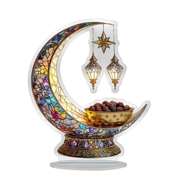 Decorative Crescent Moon and Lanterns Acrylic Ornament with Mosaic Pattern and Bowl for Home Tabletop Display Ramadan Eid Islamic Decor