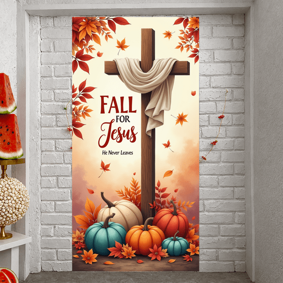 Decorative Cross Fall for Jesus Autumn Leaves Pumpkin Banner for Thanksgiving Church Celebration Religious Events