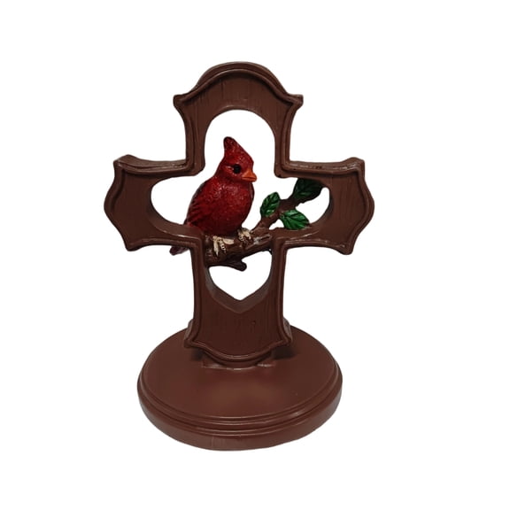 Decorative Cross Figurine with Cardinal Bird Design Freestanding Cast Resin Ornament for Home or Office Display