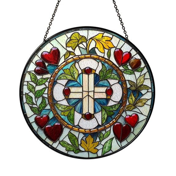 Decorative Cross Stained Glass Suncatcher Window Hanging Decor, Floral Vine Cross Sun Catcher Ornament, Colorful Mosaic Window Art Decoration, Classic Symbol Decorative Window Hanging Gift