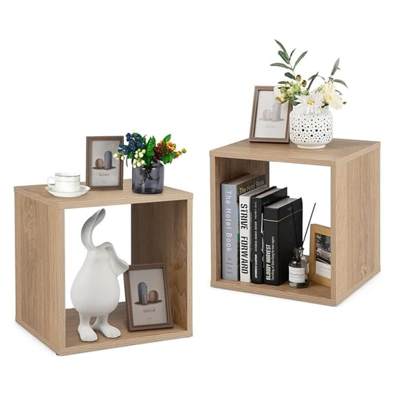 Decorative Cube Storage Organizers 2-Piece Set, Stackable Open Back Cubes, Vinyl Record Storage, Living Room Shelves, Bedroom Organizer, Natural Wood Finish