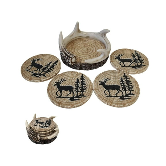 Decorative Cup Holder Coasters Set of 4 with Deer, Antler, and Pines Accents - Outdoor Nature-Inspired Drink Coasters for Lodge Cabin - Woodland and Wildlife Home Decor Gift Ideas