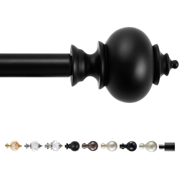 Decorative Curtain Rod 3/4 Inch Metal, Adjustable 66‑120 Inch Telescoping Window Rod with Decorative Black Finish & Finials, Includes Hardware, Fits Grommet Back‑Tab Rod Pocket Curtain Drapes
