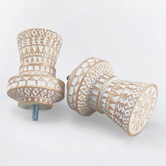 Decorative Curtain Rod Finials, Polyresin White-washed Carved Finials, Set of 2, Compatible with 1 inch diameter Curtain Rod, Standalone Finial Pair