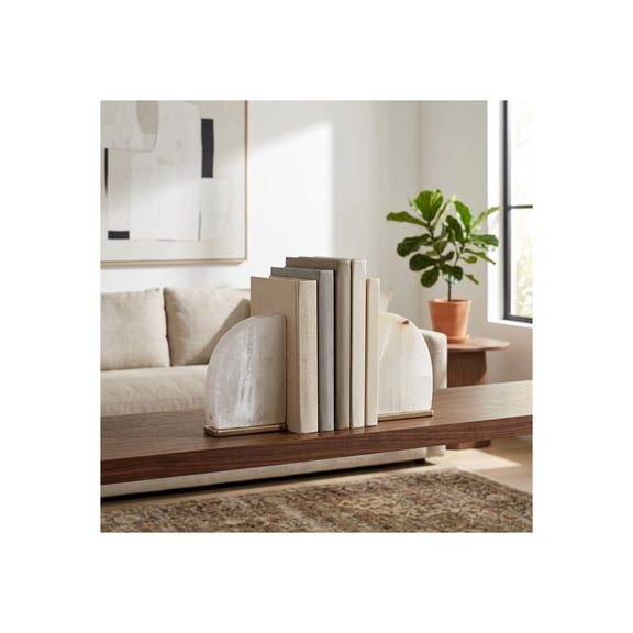 Decorative Curved Selenite Bookends for Bookshelf Decor - Minimalist Book Accessories for Home Library and Office Desk - Elegant Book Ends for Living Room - Set of 2, 9", White & Gold
