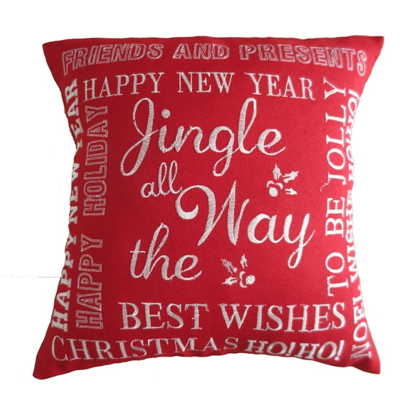 Decorative Cushion Cover Embroidered Christmas Greeting - Red Burlap, 18" x 18"