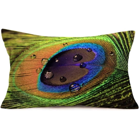 Decorative Cushion Covers Colorful Peacock Feathers Water Drop Dew Throw Pillow Covers Indian Style Polyester Linen Home Decor for Bedroom Car 12 x 30 Inches (RO-5)
