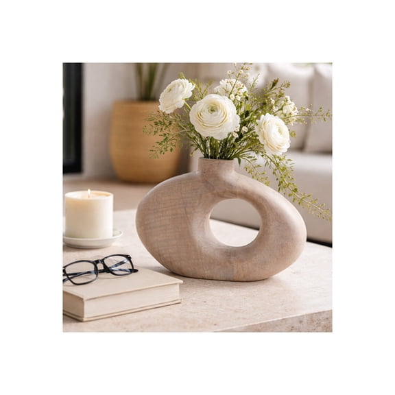 Modern Mango Wood Vase for Living Room Decor - Minimalist Flower Vase for Bedroom, House, and Table Centerpiece Decor - Decorative Home Accent for Office Desk and Shelf Styling - 7", White