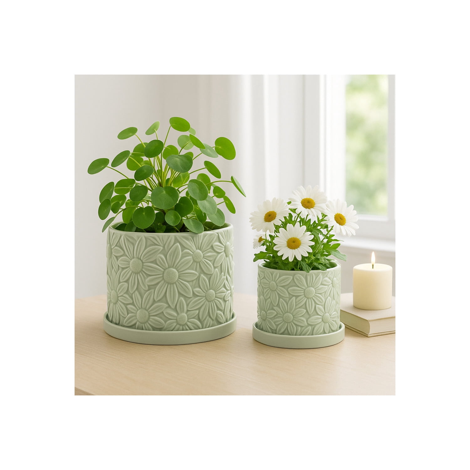 Decorative Daisy Flower Pot Planter for Home Decor - Stylish Indoor and Outdoor Pots for Plants - Chic Modern Plant Pots for Living Room, Patio, or Plant Stand Indoor - Set of 2, 7", 5", Green