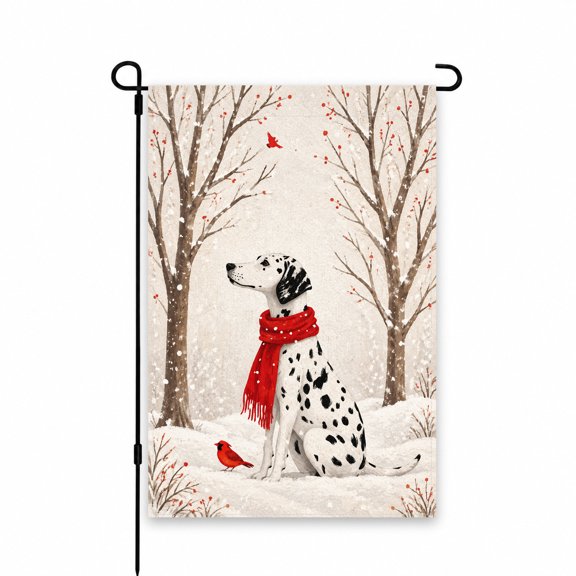Decorative Dalmatian Garden Flag | Winter Snow Scene with Red Scarf | 12 x 18 Inch Yard Decor for Lawn, Patio, Porch | Holiday Outdoor Display