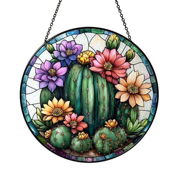 Decorative Desert Cactus Stained Glass Style Window Hanging, Botanical Art Decor Accent Gift