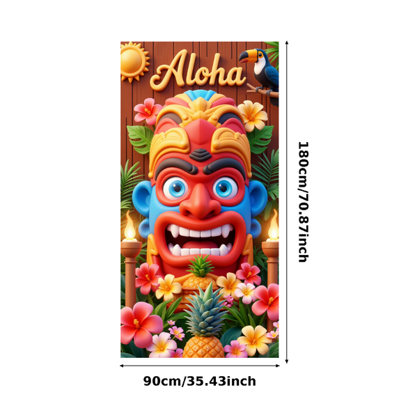 Decorative Design Aloha Tiki Mask Banner Tropical Flowers Wooden Background for Hawaiian Party Luau Celebration Summer Event