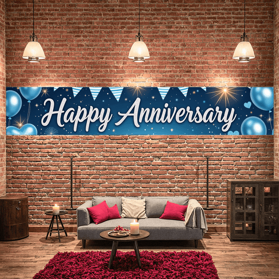 Decorative Design Anniversary Banner Blue Balloon Heart Pattern Celebration Banner for Anniversary Party Indoor Decoration Event Celebration