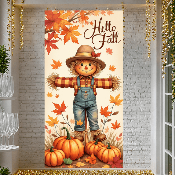 Decorative Design Autumn Banner Scarecrow Pumpkin Fall Leaves for Outdoor Decor Seasonal Celebration Wall Hanging