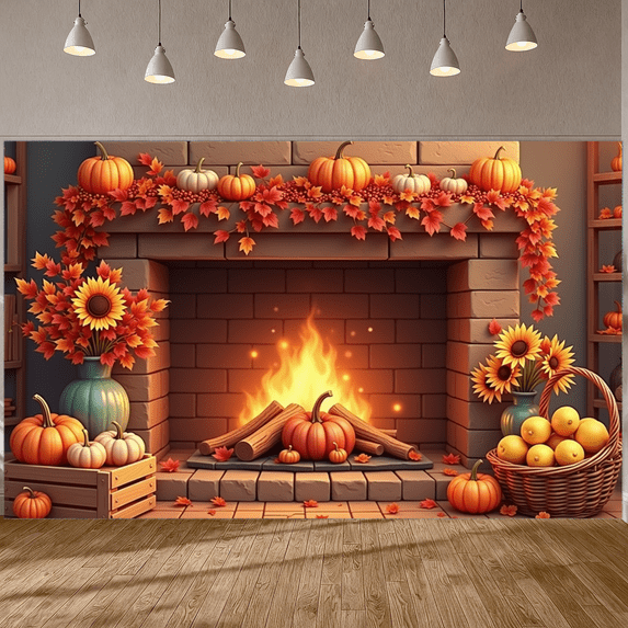 Decorative Design Autumn Theme Pumpkin Motif Fall Leaves Cozy Fireplace for Thanksgiving Decoration Indoor Display Seasonal Celebration