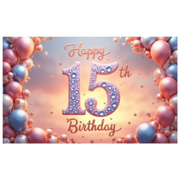 Decorative Design  Banner Balloon Decoration 15th Birthday Banner Confetti Design Colorful Theme Polyester Material for Birthday Party Milestone Celebration Teen Celebration