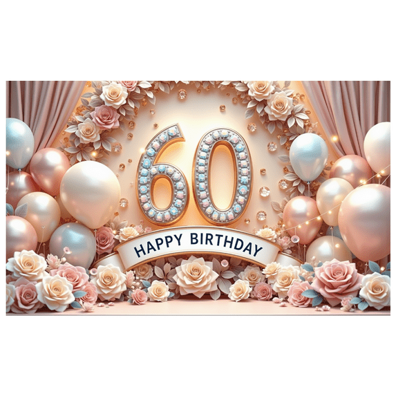 Decorative Design Banner Colorful Balloons Party Decoration Rose Flowers Celebration Banner for 60th Birthday Party Indoor Celebration Photo Shoot