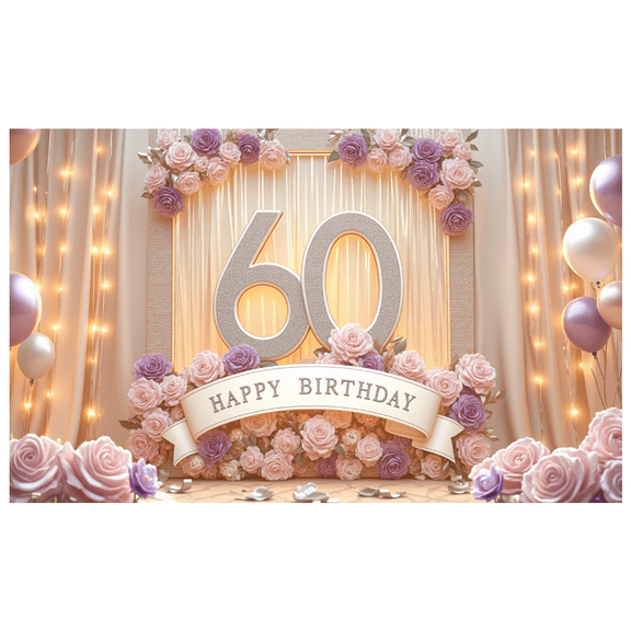 Decorative Design Banner Colorful Balloons Party Decoration Rose Flowers Celebration Banner for 60th Birthday Party Indoor Celebration Photo Shoot