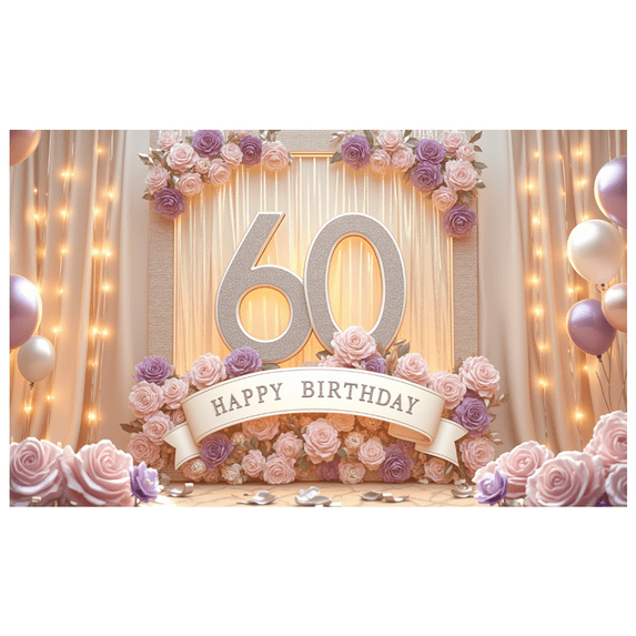 Decorative Design Banner Colorful Balloons Party Decoration Rose Flowers Celebration Banner for 60th Birthday Party Indoor Celebration Photo Shoot