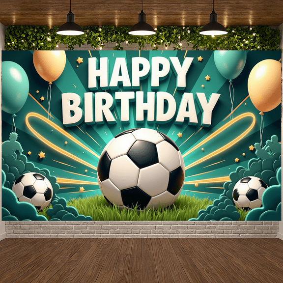 Decorative Design Birthday Banner Soccer Theme Sport Decor Celebration Backdrop Colorful Balloons for Birthday Party Kids Event Indoor