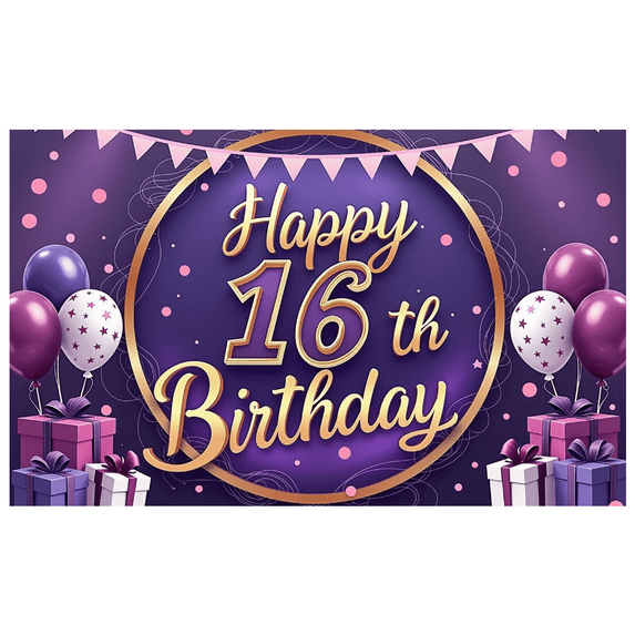 Decorative Design Birthday Party Banner Colorful Balloons Happy 16th Birthday Gift Boxes Confetti for Teen Celebration Indoor Decoration Photo Prop