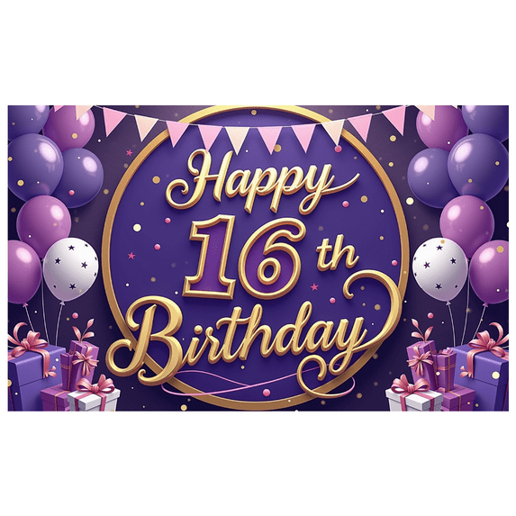 Decorative Design Birthday Party Banner Colorful Balloons Happy 16th Birthday Gift Boxes Confetti for Teen Celebration Indoor Decoration Photo Prop