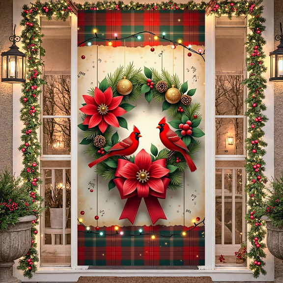 Decorative Design Christmas Banner Cardinal Birds Pine Wreath Festive Decoration for Holiday Celebration Indoor Decoration Winter Festival