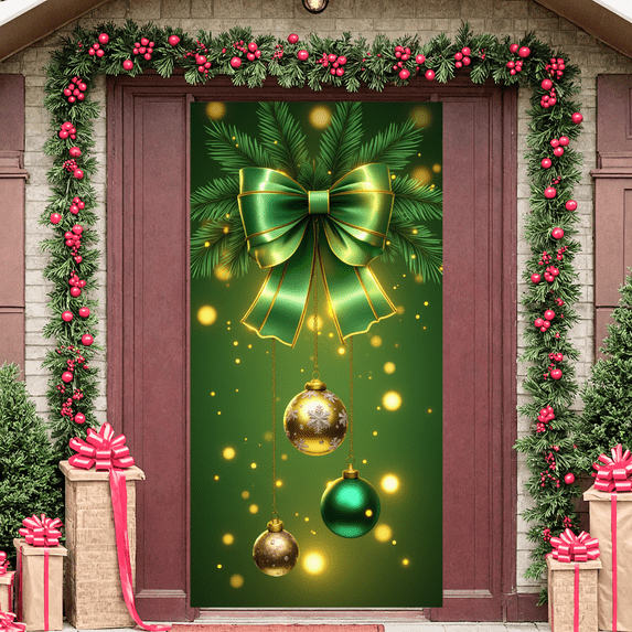 Decorative Design Christmas Banner Gold Ornaments Green Bow for Holiday Decoration Festive Party Indoor Celebration