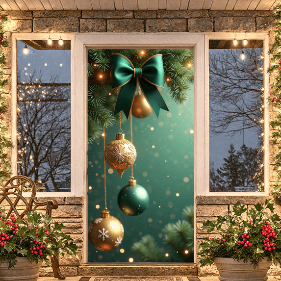 Decorative Design Christmas Banner Gold Ornaments Green Bow for Holiday Decoration Festive Party Indoor Celebration