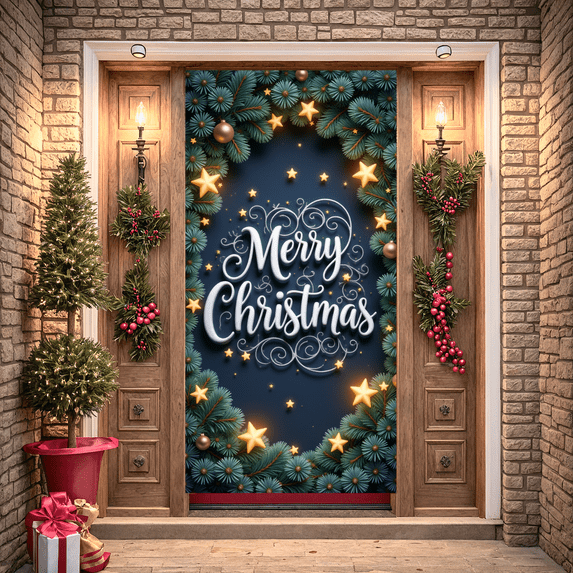 Decorative Design Christmas Banner Green Fir Golden Stars Merry Celebration for Holiday Party Indoor Decoration Winter Festivities