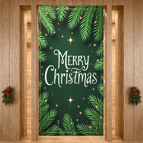 Decorative Design Christmas Banner Green Fir Golden Stars Merry Celebration for Holiday Party Indoor Decoration Winter Festivities