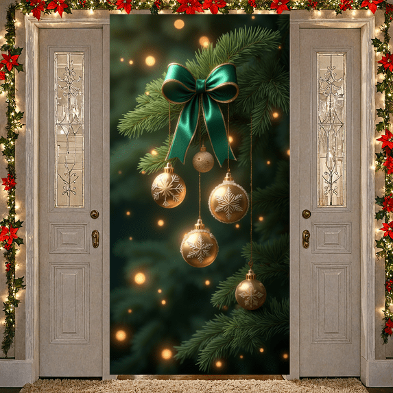 Decorative Design Christmas Banner Green Ribbon Gold Baubles Branches Ornament for Holiday Celebration Indoor Decoration Home Decor