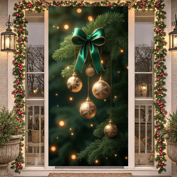 Decorative Design Christmas Banner Green Ribbon Gold Baubles Branches Ornament for Holiday Celebration Indoor Decoration Home Decor