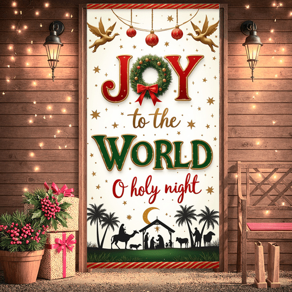 Decorative Design Christmas Banner Holy Night Joy to the World Holiday Decoration Outdoor Indoor Christmas Celebration Banner for Church Event Family Gathering Gift Decoration