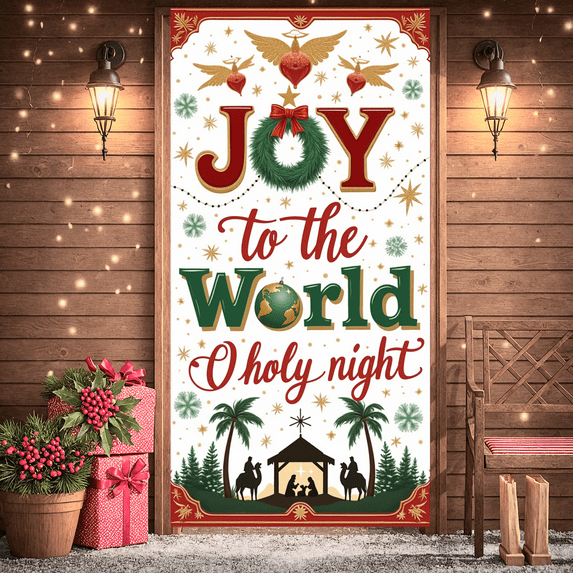 Decorative Design Christmas Banner Holy Night Joy to the World Holiday Decoration Outdoor Indoor Christmas Celebration Banner for Church Event Family Gathering Gift Decoration