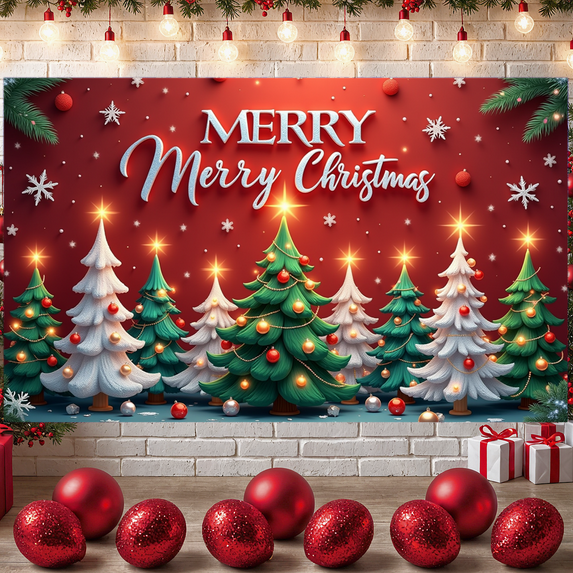 Decorative Design Christmas Banner Polyester Material Holiday Decoration Colorful Lights Christmas Trees Celebration Backdrop for Holiday Party Indoor Decoration Photo Shoot