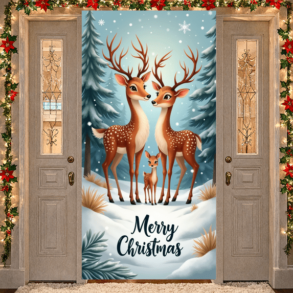 Decorative Design Christmas Banner Snowy Theme Deer Family Polyester Material Lightweight for Holiday Party Indoor Decoration Event