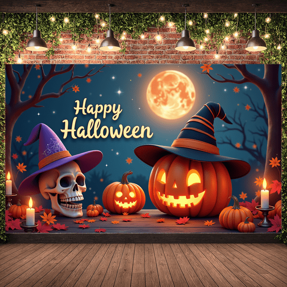 Decorative Design Halloween Banner Pumpkin Decoration Spooky Design Skull Decoration Witch Hat Design for Halloween Party Indoor Decoration Holiday Celebration