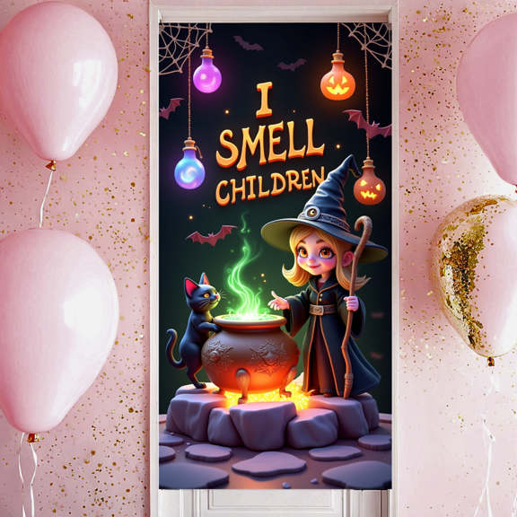 Decorative Design Halloween Banner Witch Theme Spooky Decor Black Cat Witch Decoration for Halloween Party Indoor Decoration Outdoor Decoration