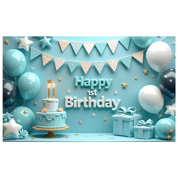 Decorative Design Happy 1st Birthday Banner Balloon Decoration Blue Theme Cake Decoration Gift Boxes for Kids Party Indoor Decoration Photo Shoot