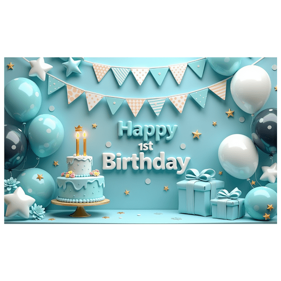 Decorative Design Happy 1st Birthday Banner Balloon Decoration Blue Theme Cake Decoration Gift Boxes for Kids Party Indoor Decoration Photo Shoot