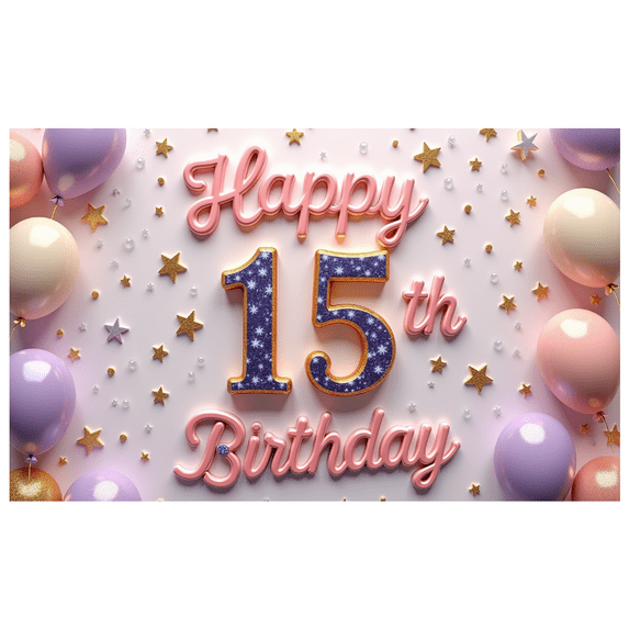 Decorative Design Happy Birthday Banner Balloon Decoration 15th Birthday Banner Confetti Design Colorful Theme Polyester Material for Birthday Party Milestone Celebration Teen Celebration